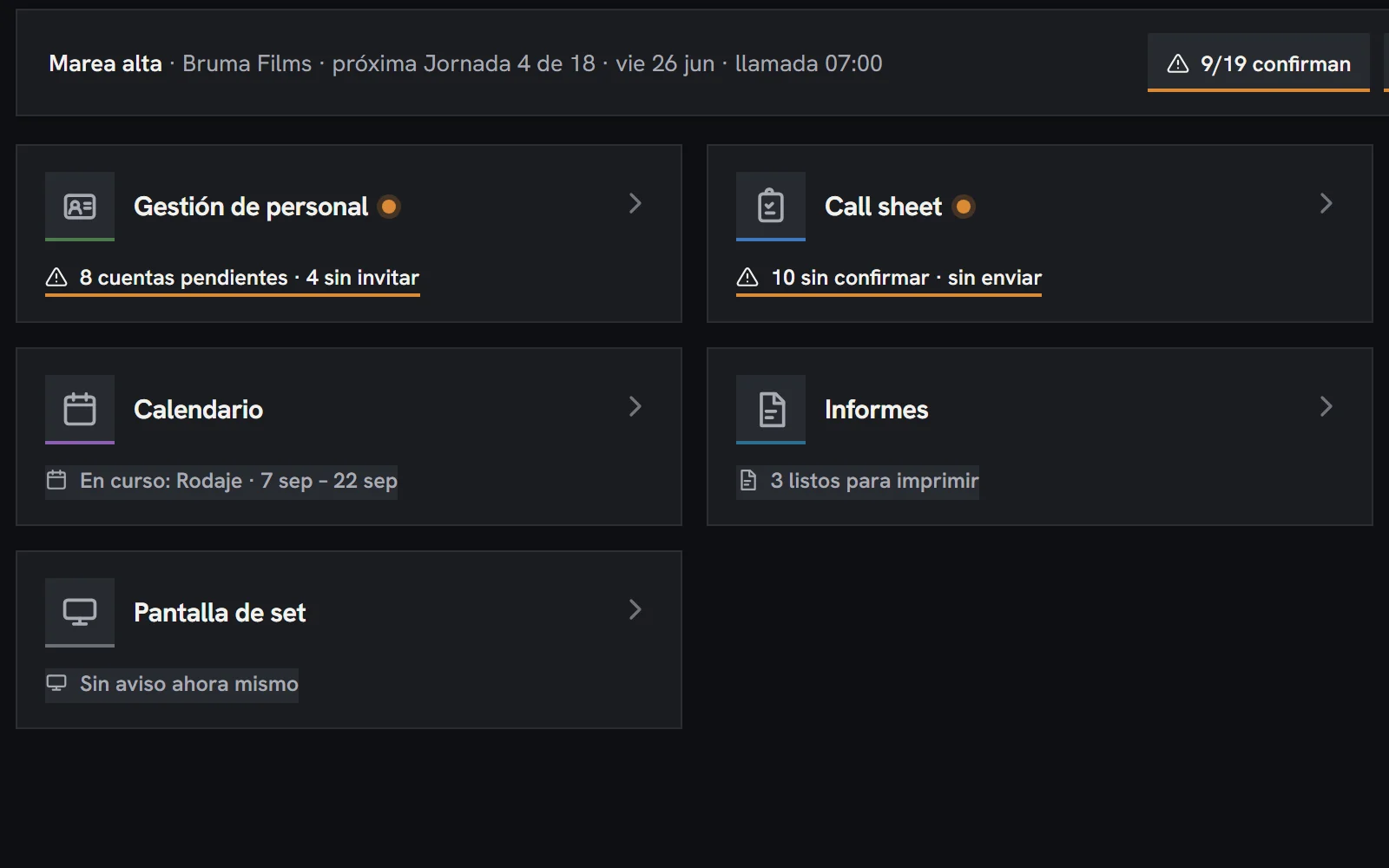 El hub de Producción: personal, call sheet, catering, calendario, informes y tareas